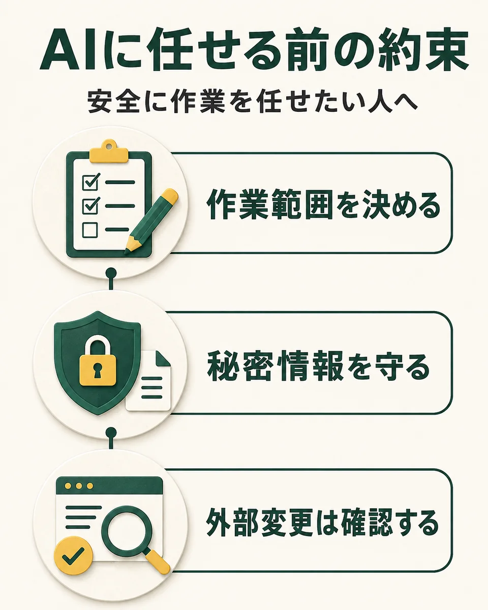 AIに任せる前の約束。安全に作業を任せたい人へ。作業範囲を決める。秘密情報を守る。外部変更は確認する