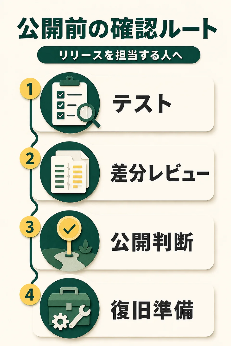 公開前の確認ルート。リリースを担当する人へ。テスト。差分レビュー。公開判断。復旧準備