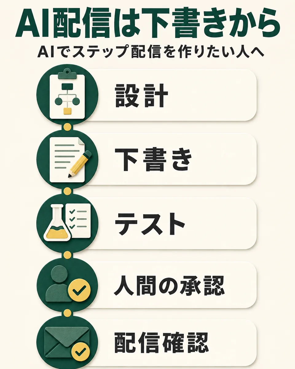 AI配信は下書きから。AIでステップ配信を作りたい人へ。設計。下書き。テスト。人間の承認。配信確認