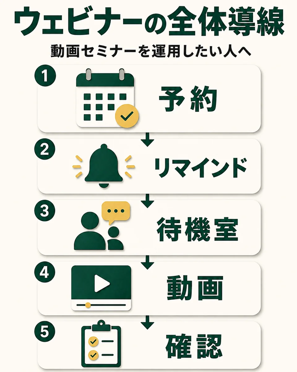 ウェビナーの全体導線。動画セミナーを運用したい人へ。予約。リマインド。待機室。動画。確認