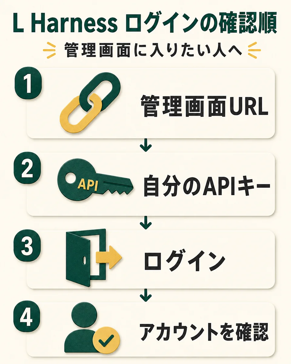 L Harness ログインの確認順。管理画面に入りたい人へ。管理画面URL。自分のAPIキー。ログイン。アカウントを確認