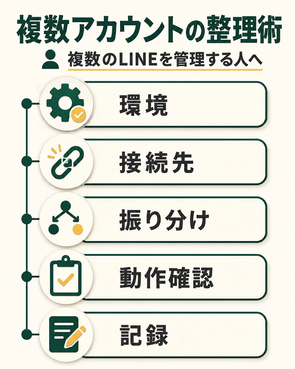 複数アカウントの整理術。複数のLINEを管理する人へ。環境。接続先。振り分け。動作確認。記録