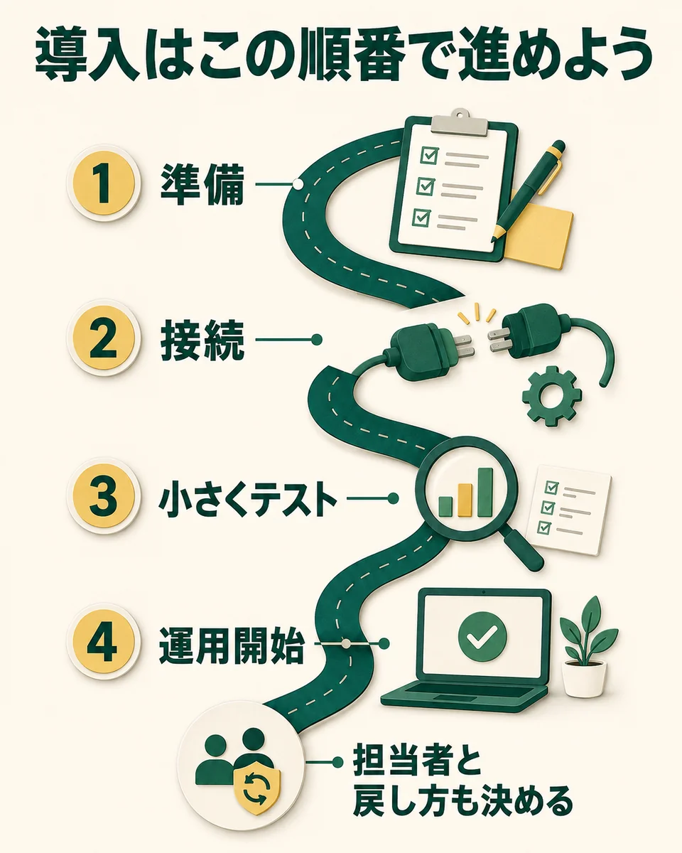 導入はこの順番で進めよう。準備。接続。小さくテスト。運用開始。担当者と戻し方も決める