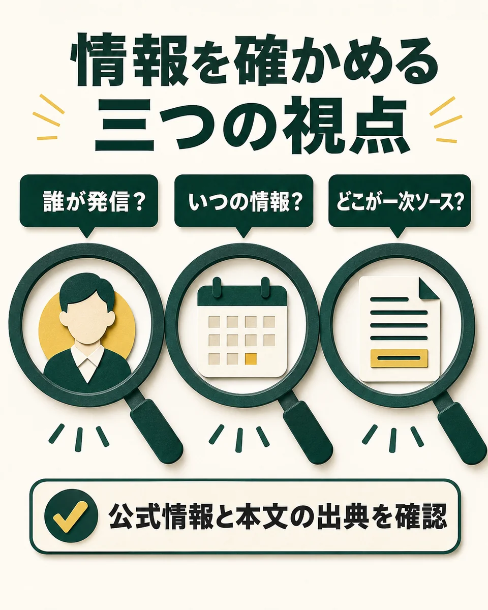 情報を確かめる三つの視点。誰が発信?。いつの情報?。どこが一次ソース?。公式情報と本文の出典を確認
