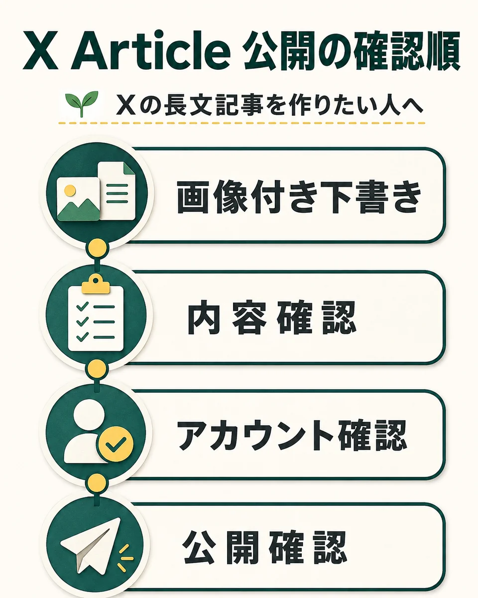 X Article 公開の確認順。Xの長文記事を作りたい人へ。画像付き下書き。内容確認。アカウント確認。公開確認