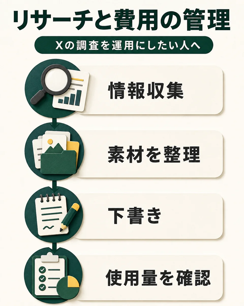 リサーチと費用の管理。Xの調査を運用にしたい人へ。情報収集。素材を整理。下書き。使用量を確認