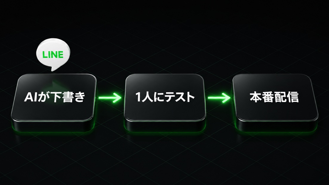 AIが下書き→1人にテスト→本番配信の流れ(L HarnessでAIステップ配信を作る方法)