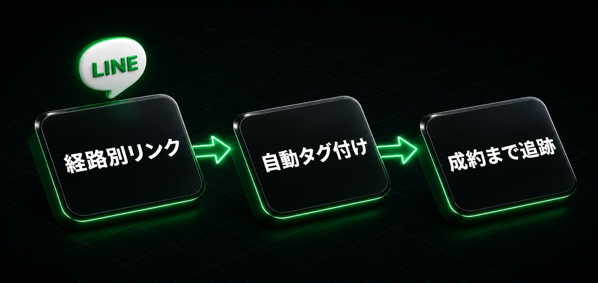 経路別リンク→自動タグ付け→成約まで追跡の流れ（L Harnessの流入経路・トラックリンク設定）