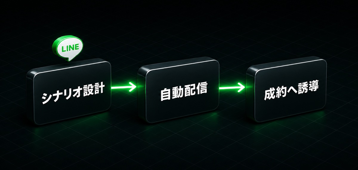 シナリオ設計→自動配信→成約へ誘導の流れ（LINEでステップ配信を組む方法を徹底解説）